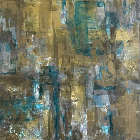 Rosemary Eagles abstract landscape art, golden cube, acrylic on linen